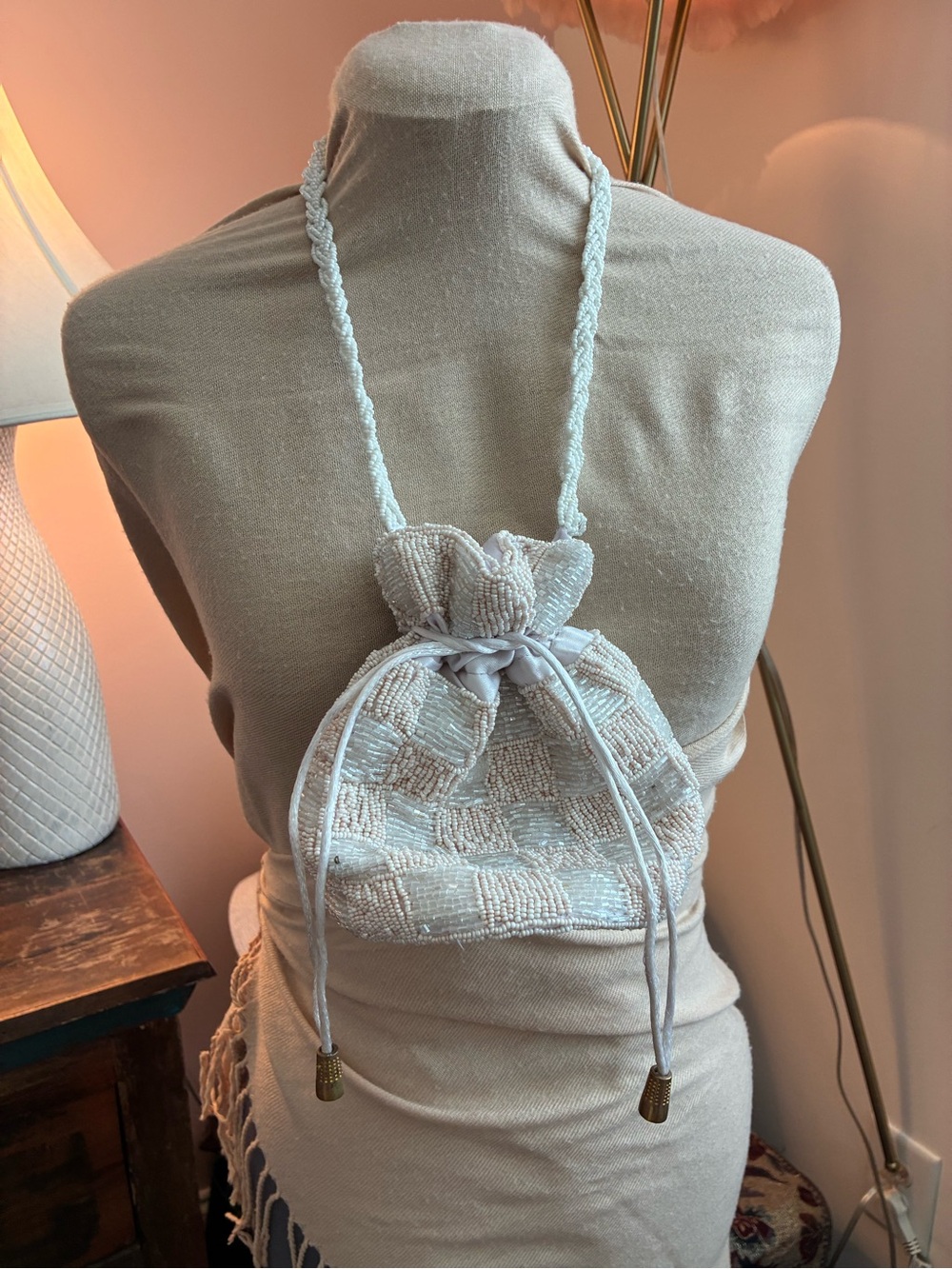 Vintage Beaded Drawstring Bucket Bag - Pink and Cream